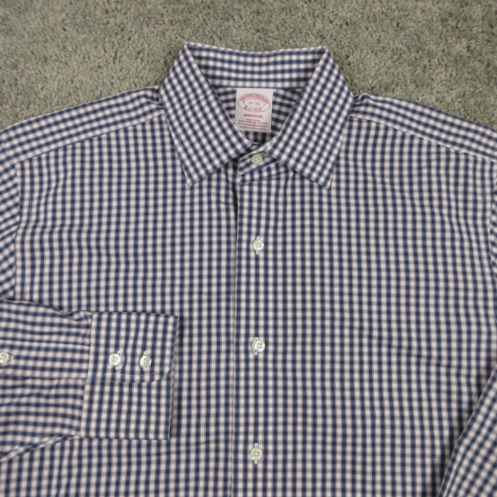 Brooks Brothers Shirt Mens 15 33 Medium Blue Plaid Stretch Madison Collared